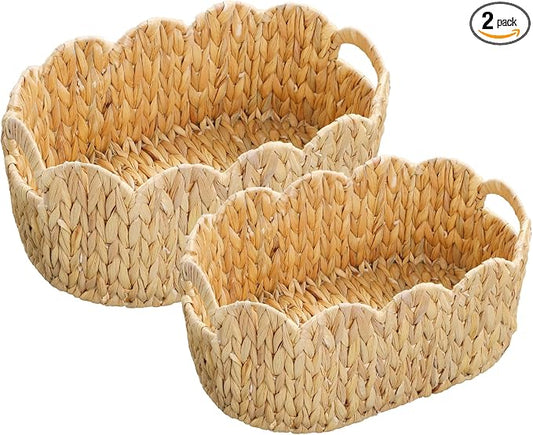 Coeusy Scalloped Basket Set of 2,Water Hyacinth Basket for Organizing and Decor,Hand-Woven Wicker Storage Baskets with Built-In Handles for Nursery,Gift by WEAVECOMFORTINTOEVERYCORNER