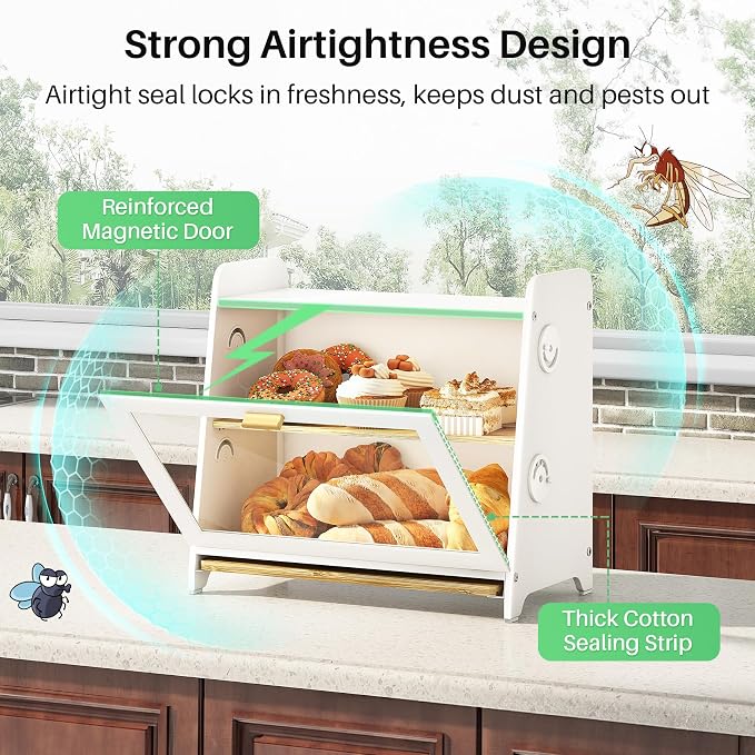 SNTD Airtight Bread Box for Kitchen Countertop, Bamboo Cutting Board, White | Adjustable Vent Hole, Sorted Storage, Natural Wood, Magnetic See-through Door, Metal Frame, Homemade Bread Storage Container - Image 6