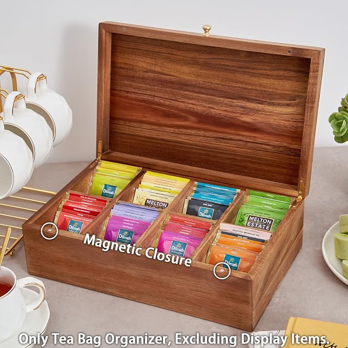 SARUFO Acacia Wood Tea Bag Organizers, Tea Packet Storage Boxes, 8-Compartment Tea Caddy for Tea Bags Chest, Teabag Holder Containers, Teabox Station Display - Image 4