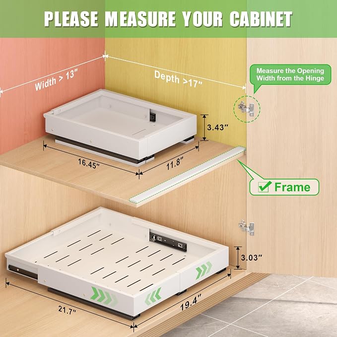 1 Pcs Pull Out Drawers for Cabinets Organizer Expandable Width(11.8"-19.4"), Depth(16.45"-21.7") With 3 Rails, No Drill Roll Out Drawer, Adhesive Sliding Drawers - Image 2