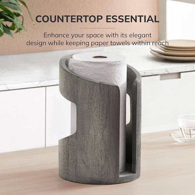 Anji Mountain Wooden Paper Towel Holder with Metal Holder, Holder Stand for Kitchen Roll Organizer & Kitchen Dining Table Home Décor, Countertop Fits Jumbo & Mega Rolls - Greige/Nickel, Arc Hold - Image 6