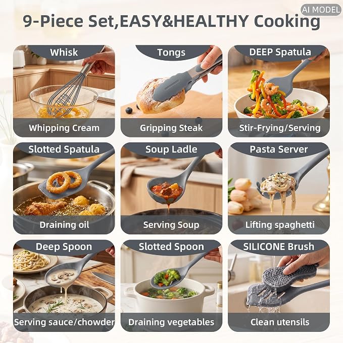 Kitchen Utensils Set,9 PCS Silicone Cooking Utensils Set Spatula Set,Tongs,Spoon,Whisk,Brush,Dishwasher Safe Kitchen Gadgets for Non-Stick Cookware,Home Essential，Kitchen Appliances Tool(Gray) - Image 2