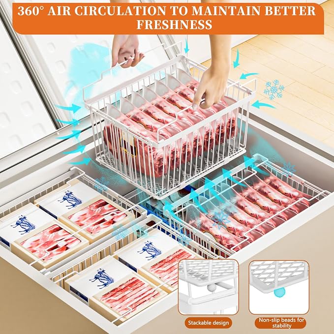 Large Freezer Organizer Bins for 5 to 9 Cu.Ft,4Pack , Leak-Proof Bottom | ANJUBANFreezer Organizer Bins, Stackable,expandable,foldable,With handle Wire Storage Container Baskets for Sort Frozen Meats - Image 7