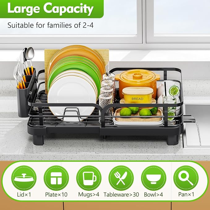 TOOLF Expandable Dish Drying Rack for Kitchen Counter, Black | Stainless Steel Dish Drainer with Drainboard Set & Cutlery Holder, Extendable 13.7“-20.5”L, Rust-Proof, Fits for 1-3 People - Image 6