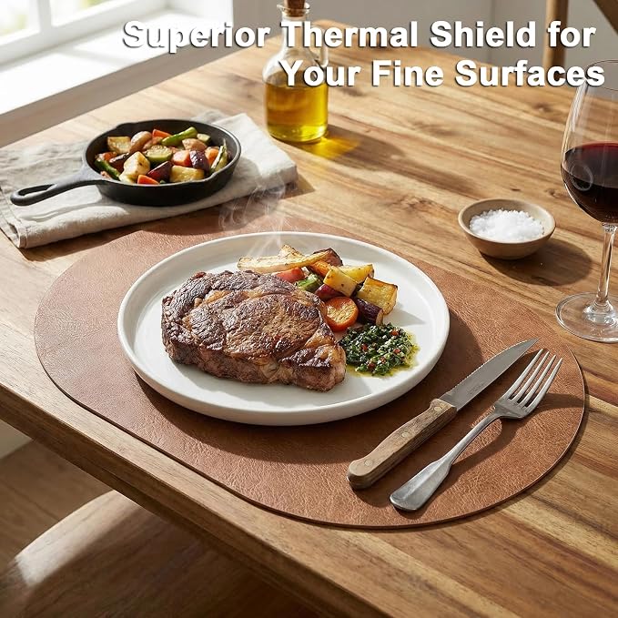 Oval Placemats 2mm Ultra Thick Faux Leather Table Mats, Heat Resistant Waterproof Wipeable Dining Mats for Kitchen Table, Set of 4, Light Brown - Image 2