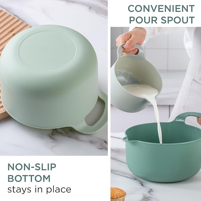 COOK WITH COLOR Nesting Plastic Mixing Bowl Set with Pour Spouts and Handles, Sage, 4 Piece Non-Slip - Image 2