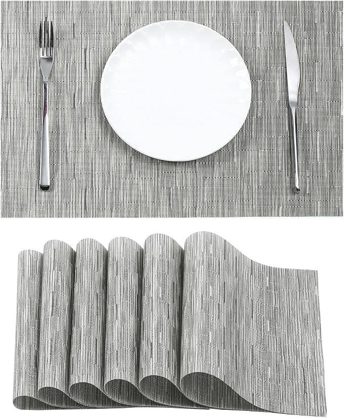 Leetaltree Silver Placemats Set of 6 - Heat Resistant Non-Slip Place mats for Dining Table, Washable Durable PVC Vinyl Woven Table Mats（Silver, 6） by Leetaltree-ArtatEveryTable