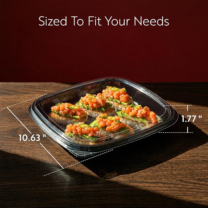 Restaurantware Plastic Sushi Trays 50 Pack of 10.6 x 10.6 x 1.77 Inch With Clear Lids Leak-Resistant Sushi Take Out Boxes Stackable Containers For Grab-And-Go - Image 2
