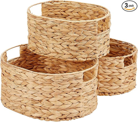 Wicker Basket, 3-Pack Hand-Woven Water Hyacinth Wicker Storage Basket with Handles, Large Woven Storage Baskets for Shelves, Round Storage Baskets for Organizing & Decor by Vagusicc