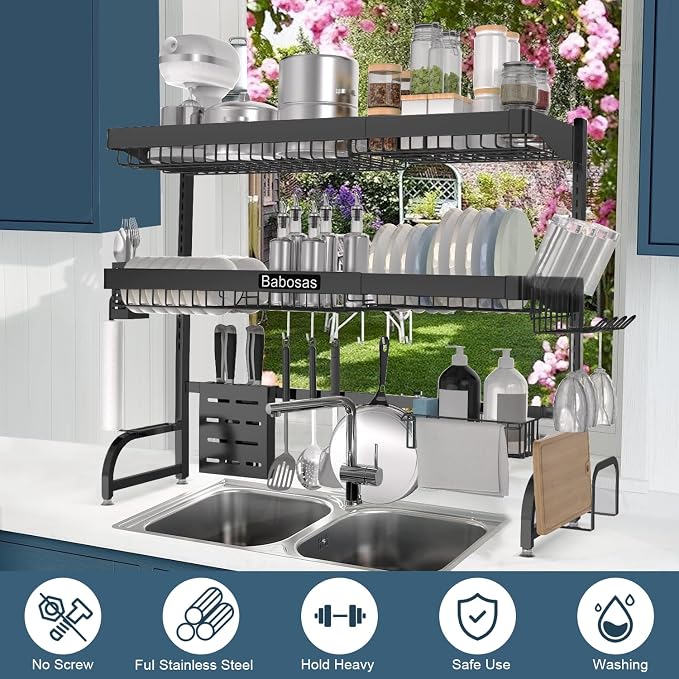 Over The Sink Dish Drying Rack,3 Tier Adjustable Length (25.5'' to 37.4'') Full Stainless Steel Large Storage Kitchen Dish Rack,for Kitchen Counter,Expandable Multifunctional Organizers,Black - Image 2
