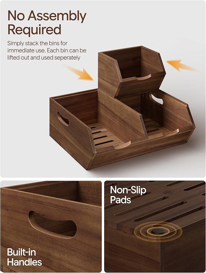 Tidita Wood Potato and Onion Storage Bin, Set of 3, Stackable, Walnut Color | Acacia Wood, Built-in Handles, Ventilated Pantry Storage Bins, 50LBS Capacity, Non-Skid Pads, Slatted Bottoms, Multi-Use - Image 3