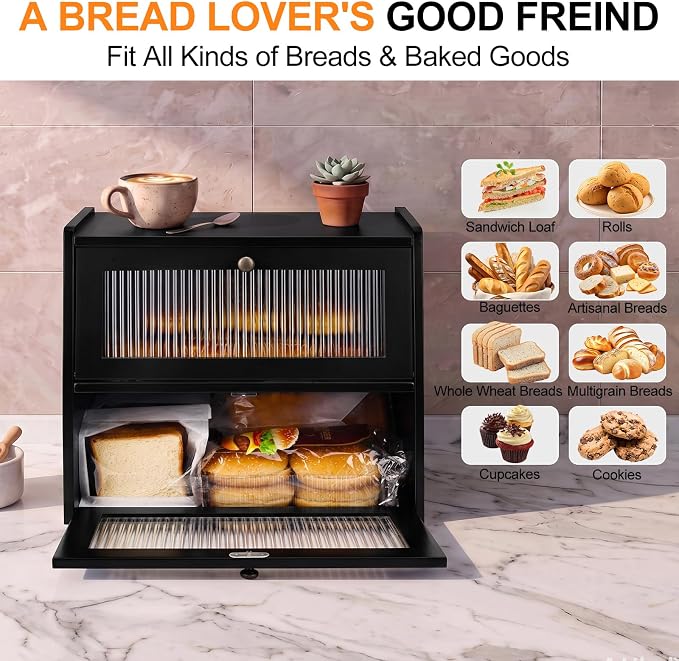 Alpeir Wooden Bread Box for Kitchen Countertop, Large Double Layer, Black | Food-Safe Pine Wood, Double-Row Ventilation, Strong Acrylic Window, Raised Top Shelf, Easy Care, Farmhouse Corner Container - Image 6