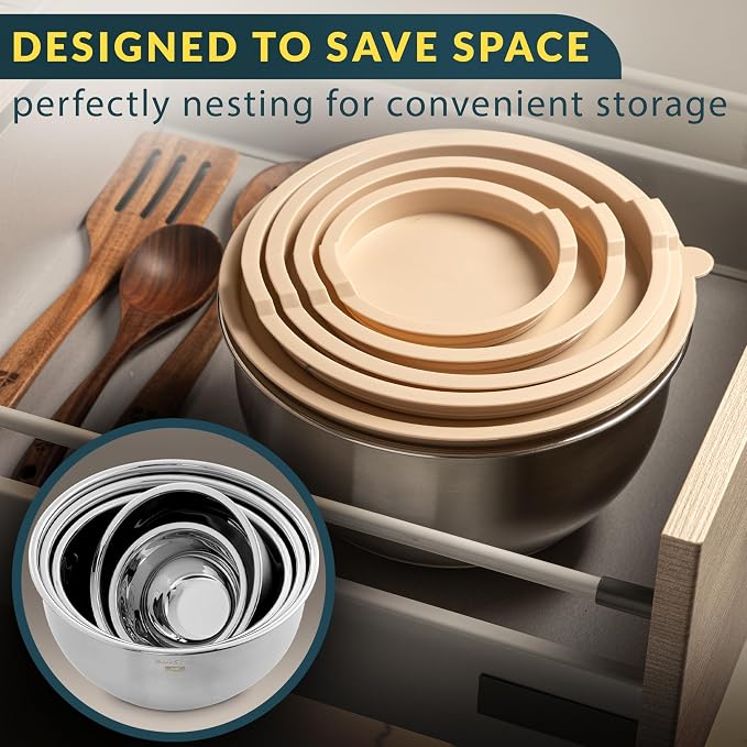Baker's Signature Stainless Steel Mixing Bowls with Lids Set, 5 Sizes | 3 Graters, Non-Slip Base, Airtight Metal for Kitchen, Food Prep, Storage, 0.63QT-5QT, Khaki - Image 5