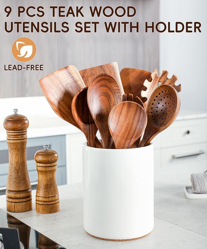 Nucookery Wooden Cooking Utensils Set with Holder, Nonstick Wooden Spoons for Cooking Spatula Set 10 Pcs, Teak Wood Kitchen Utensils Set, Ceramic Utensils Holder for Countertop, White - Image 4