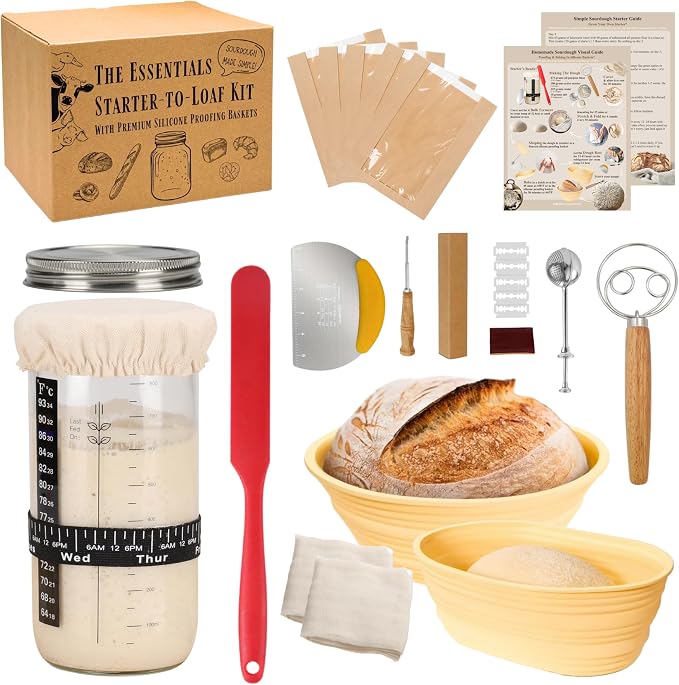 JoeCo Sourdough Starter Kit, Complete Starter-To-Loaf Set with Instructions, Sourdough Starter Jar, Silicone Proofing Baskets, Danish Dough Whisk, Dough Scraper, Bread Lame & Sourdough Baking Supplies by JoeCoFindYourSpark