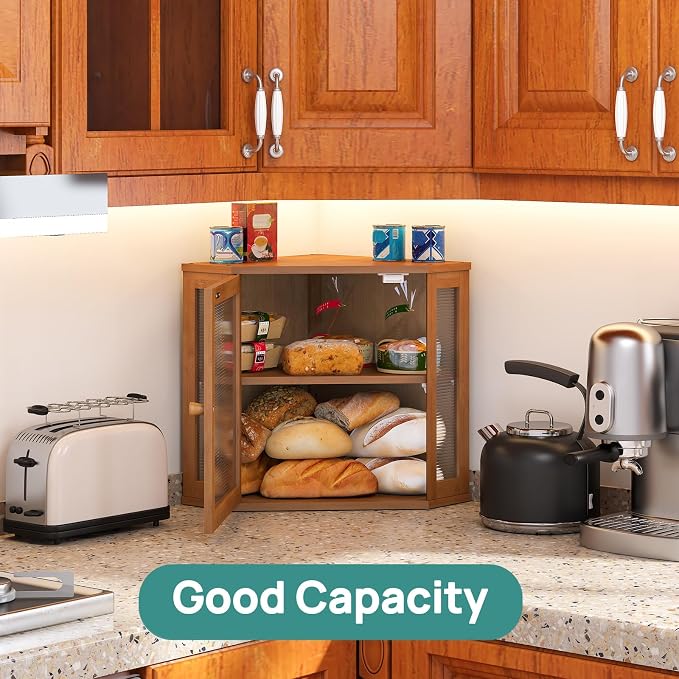 viewcare Corner Bread Box for Kitchen Counter, Bamboo Wood Large Capacity Bread Storage Bin with Acrylic Wavy Door Panel (Brown, Meduim) - Image 7