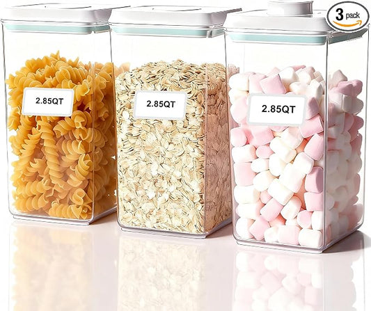 Pop Containers with Lids Stackable Food Storage Containers 3pc | Airtight Kitchen Pantry Organizers for Snack Candy Salt Herb Spices Pasta Cereal Flour Sugar BPA-Free 2700ml/2.85qt *3 by CozeyDaily