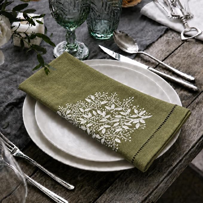 Cloth Napkins Set of 4, 20x20 inch, 100% Linen Hand Embroidered French Knot, Reusable & Machine Washable, Elegant Table Napkins for Dinner, Weddings, Parties (Lime) - Image 4