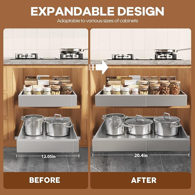 Seinloes 2Pack Expandable Pull Out Cabinet Organizer 21"Deep With Raising Pad for Framed Cabinets, Upgrade 3 Slide Rails Slide Out Drawers,Roll Out Shelves Adhesive,Adjustable Width 12.05"-20.4"Silver - Image 3