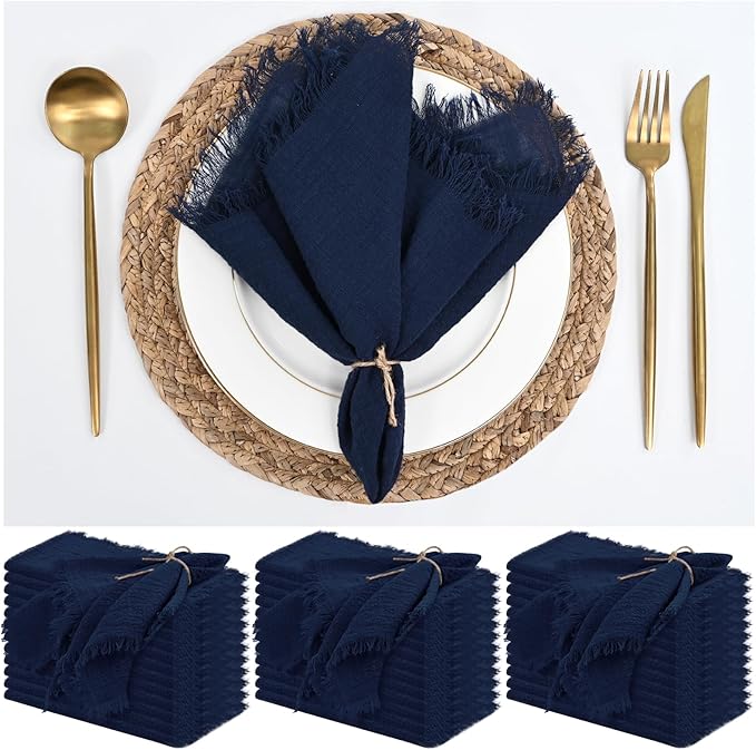 36 Pack Navy Blue Cotton Linen Napkins - 16 x 16 Inch Fringed Soft Washable Rustic Dinner Napkins for Wedding Party Dinner Table by ABKLESACH
