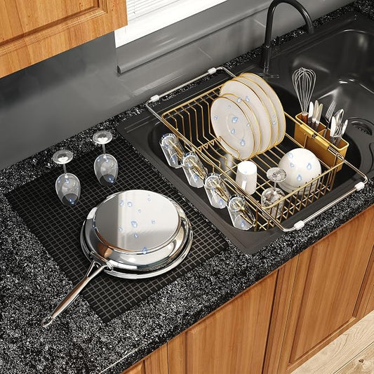 Gold Dish Drying Rack Over The Sink with Utensil Holder, Mat | Expandable Stainless Steel Dish Drainer for Small Kitchen, Apartment, RV, Counter Space Saving, Perfect Fit, Rustproof by MAJALiS