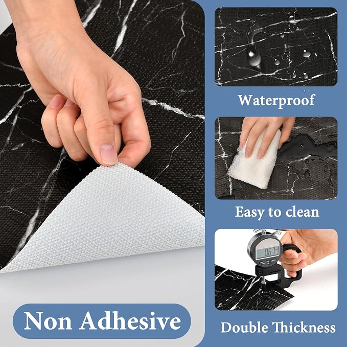 Drawer and Shelf Liner for Kitchen Cabinet: 17 in X 20 Ft Non Slip | Waterproof Shelf Paper Non Adhesive Refrigerator Liners Black Marble Easy Liners for Bathroom with Knife Tape Measure - Image 3
