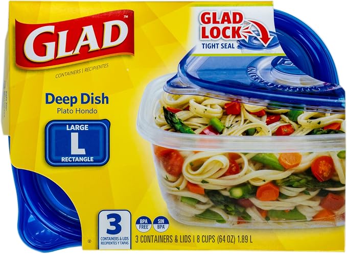 Glad GladWare Deep Dish Food Storage Containers, 64 Oz, 3 Count | Lock-tight seal for soups, salads, and meal prep in a large rectangle format; microwave and dishwasher safe - Image 3