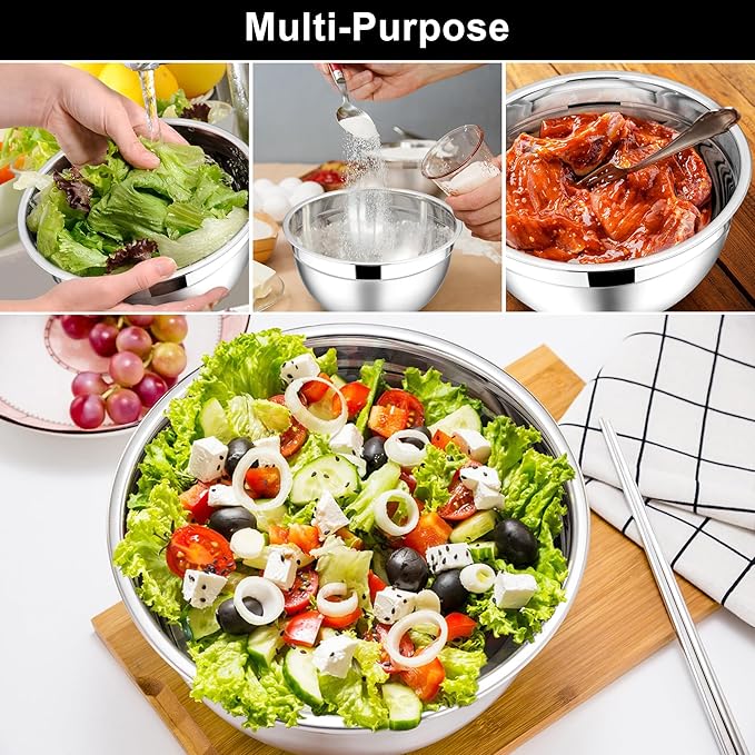 E-far Mixing Bowls with Lids Set of 3 with Silicone Cooking Utensils Set of 7, Nesting Bowls for Baking Cooking and Prepping, Heat Resistant Kitchen Utensils with Stainless Steel Handle - Image 4