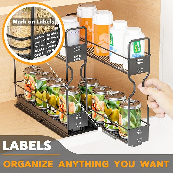 SpaceAid Pull Out Spice Rack Organizer for Cabinet, Heavy Duty Slide Out Seasoning Kitchen Organizer, Cabinet Organizer, with Labels, 5.2" W x10.75 D x10 H, 2 Drawers 2-Tier - Image 6