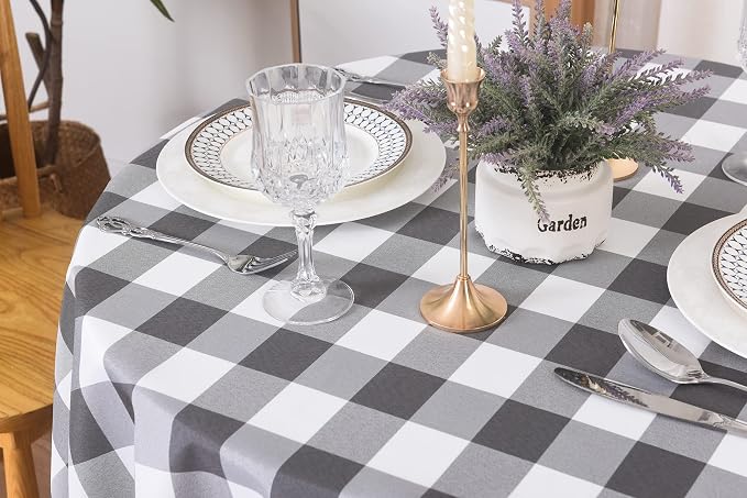 Cupuamon 2 Pack Waterproof Polyester Fabic Round Checkered Tablecloth，60 Outdoor Table Cloth，Oil Stain Prevention Table Cloth for Pinics and Parties（Gary and White） - Image 4