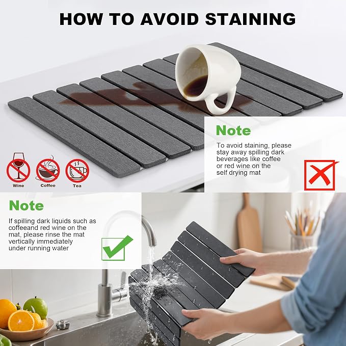 Stone Drying Mat for Kitchen Counter, Quick Diatomaceous Earth Mats for Dishes, 24"L x 16" W Super Absorbent Fast-Drying Collapsible Countertop Stone Mat (Dark Grey, 24" x 16") - Image 6