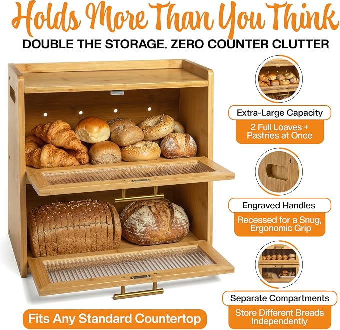 Extra Large Bamboo Bread Box for Kitchen Countertop, Double Layer Wooden Breadbox Holds Multiple Loaves of Homemade Bread, 16.5 Inch Storage Container with Frosted Acrylic Windows - Image 6