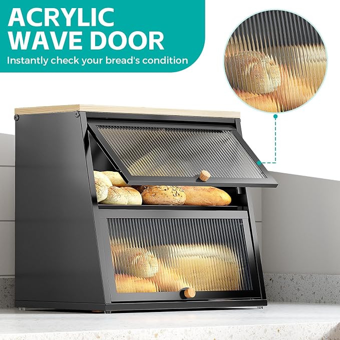 Urackify Bread Box for Kitchen Countertop – 2-Tier Bread Storage Container, Metal Breadbox with Acrylic Wavy Door, Wood Top, Magnetic Seal, Anti-Slip Base, 14.96x9.84x13.78 inch, Black - Image 3