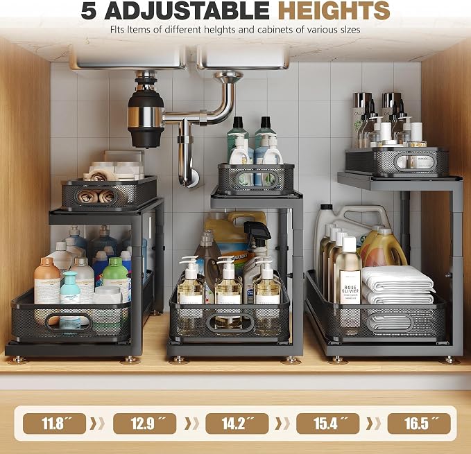 2-Pack 18.5 IN Depth Under Sink Organizer With Next-Gen Ball-Bearing Slides,Sophisticated Mesh 2-Tier Pull Out Shelf for Kitchen & Bathroom,Fits Small Items-Black - Image 9