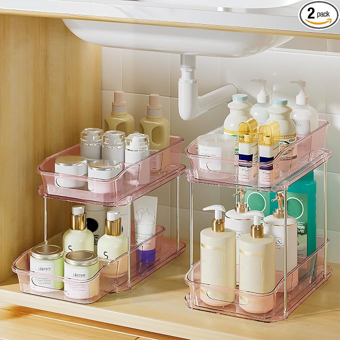 Delamu 2-Tier Under Sink Organizers and Storage, Multi-Purpose Stackable Bathroom Cabinet organizers, Pull Out Kitchen Pantry Organization and Storage with Dividers(2 Pack, Pink) by DELAMU