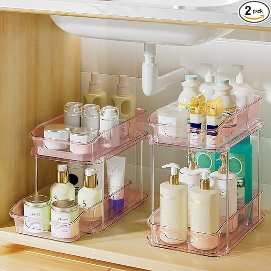 Delamu 2-Tier Under Sink Organizers and Storage, Multi-Purpose Stackable Bathroom Cabinet organizers, Pull Out Kitchen Pantry Organization and Storage with Dividers(2 Pack, Pink) by DELAMU
