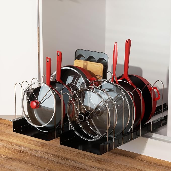 4 Adjustable Dividers Pull Out Pots and Pans Organizers | Optional Dividers Sliding Pot Lid Holder in Kitchen and Slide Out Cabinet Storage of Lids, Bakewares and Pots - Image 6