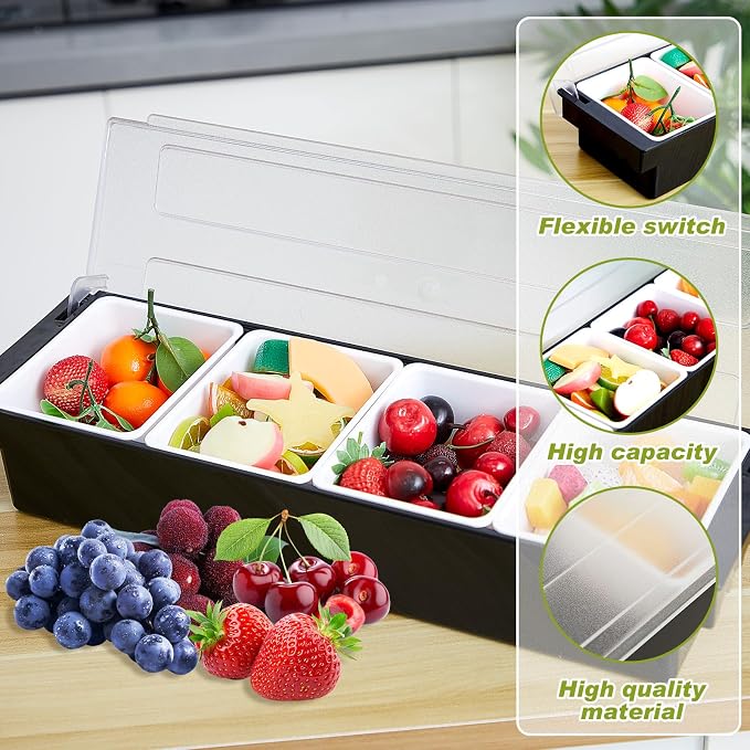 Tessco for you Garnish Tray with Lid Bar Caddy Ice Cooled Condiment Serving Container with Ice Scoop Metal Mini Serving Tongs Fruit Fork Spoons for Food Home Party Kitchen(Plastic,4 Grids) - Image 4