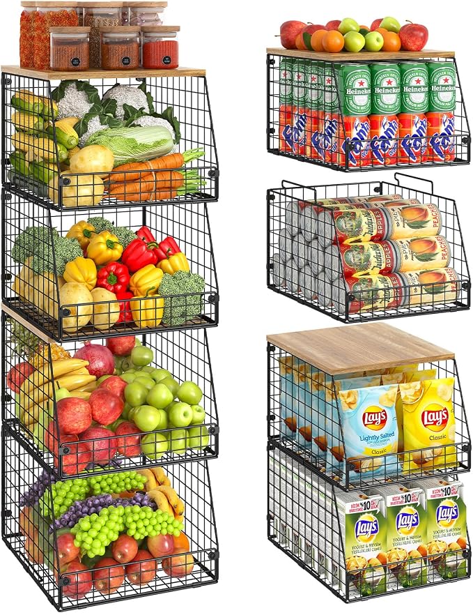 Jakyitvi 4 Pack Stackable Wire Baskets with Fixed Wooden Top, Vegetable Fruit Storage Bins for Onion Potato Snack, Pantry Baskets for Kitchen Cabinet Countertop, Pantry Organizers and Storage Rack by Jakyitvi