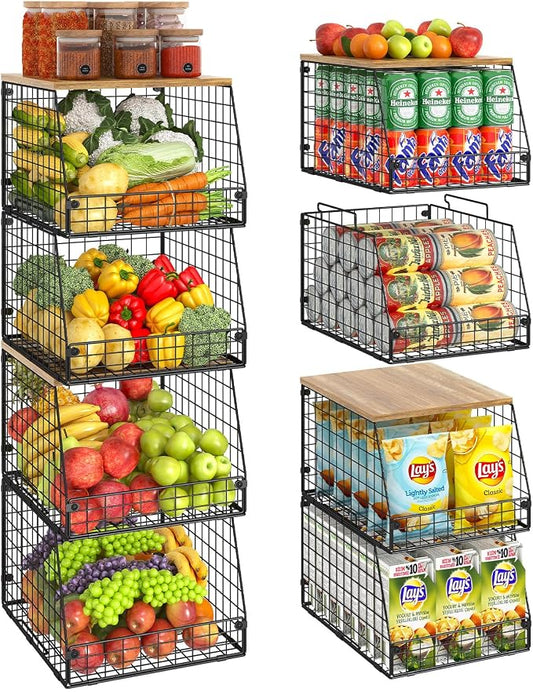 Jakyitvi 4 Pack Stackable Wire Baskets with Fixed Wooden Top, Vegetable Fruit Storage Bins for Onion Potato Snack, Pantry Baskets for Kitchen Cabinet Countertop, Pantry Organizers and Storage Rack by Jakyitvi