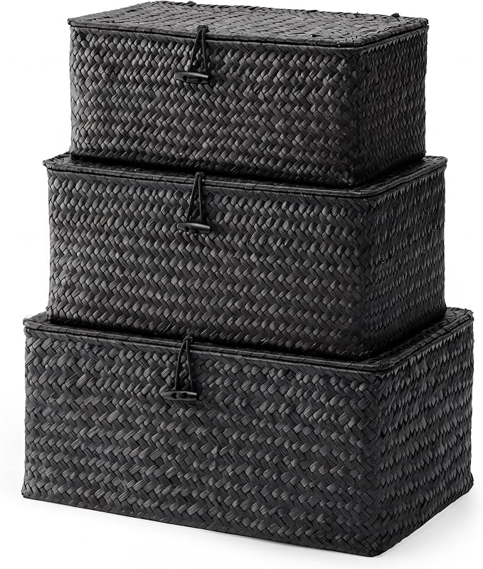 Nonam Storage Basket with Lid, Natural Seagrass Bin with Lid Set of 3, Shelf Baskets Multipurpose Container for Boho Decoration, Rectangular Household Storage Boxes for Home Organization-Black by Unknown