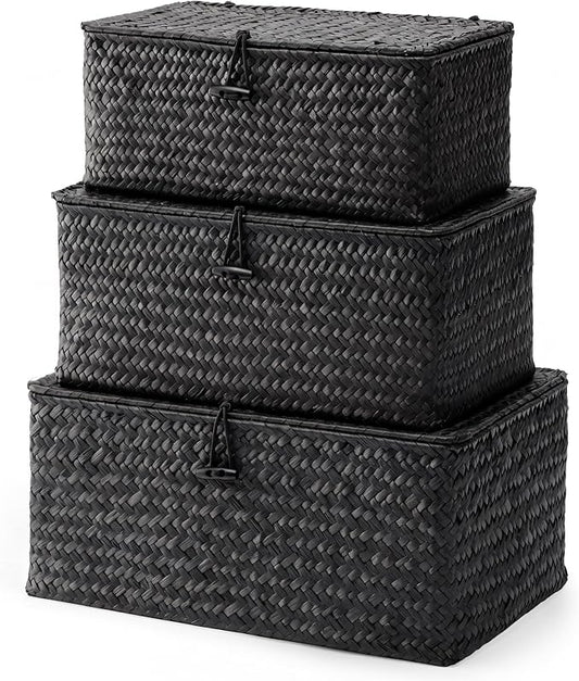 Nonam Storage Basket with Lid, Natural Seagrass Bin with Lid Set of 3, Shelf Baskets Multipurpose Container for Boho Decoration, Rectangular Household Storage Boxes for Home Organization-Black by Unknown