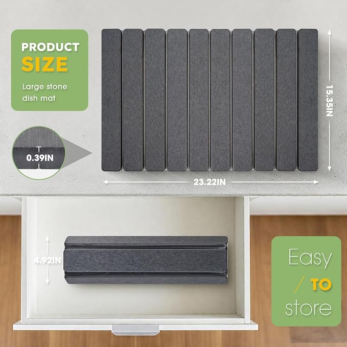 Large Stone Dish Drying Mat for Kitchen Counter – 24"×16" Collapsible Diatomaceous Earth Mat, Ultra Absorbent & Quick Dry, Foldable Drying Pad for Dishes, Bottles, Cups (Dark Grey) - Image 3