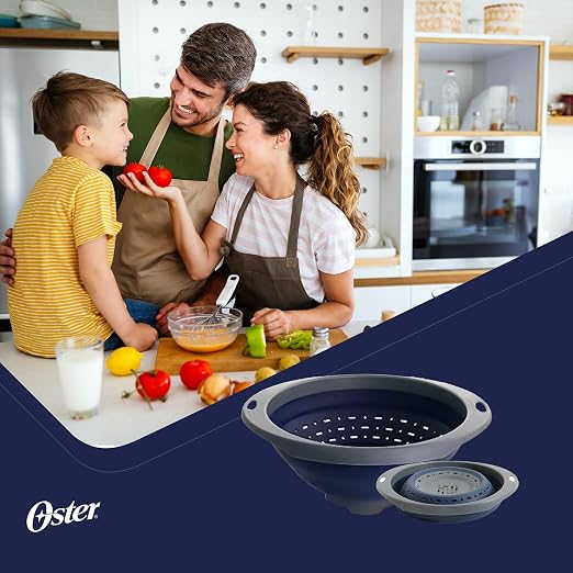 Oster Bluemarine 10-Inch Foldable Strainer – Collapsible Colander for Pasta, Vegetables, Fruits, Space-Saving Kitchen Tool, Blue/Grey Dishwasher Safe - Image 6
