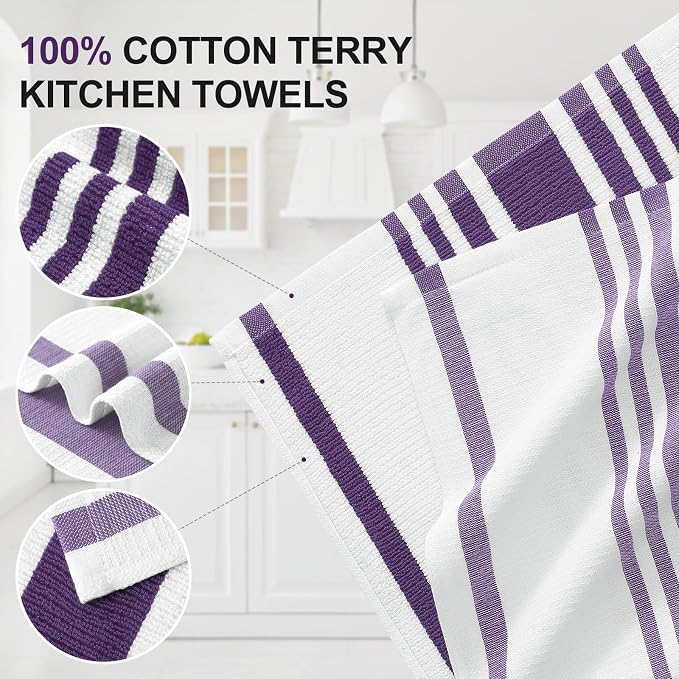 Homaxy Premium Cotton Stripe Kitchen Towels 6 Pack, 18"x 28", Purple | Large 380 GSM Kitchen Hand Towels, Soft Terry Dish Towels, Highly Absorbent Tea Towel Set with Hanging Loop - Image 2