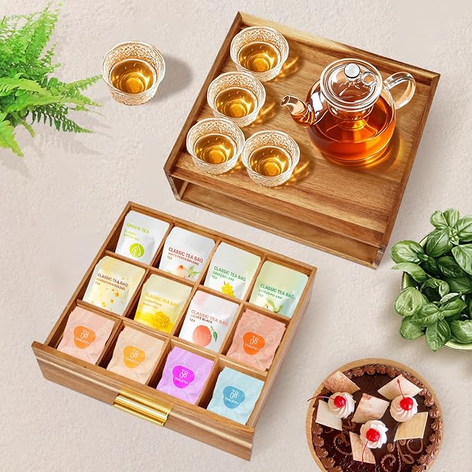 NANXITU Acacia Wood Tea Holder Organizer, Tea Box Organizer Storage Box | Tea Caddy for Tea Bags Organizer Drawer, with12 Compartments Multi-Functional Tea Station Chest for Countertop - Image 2