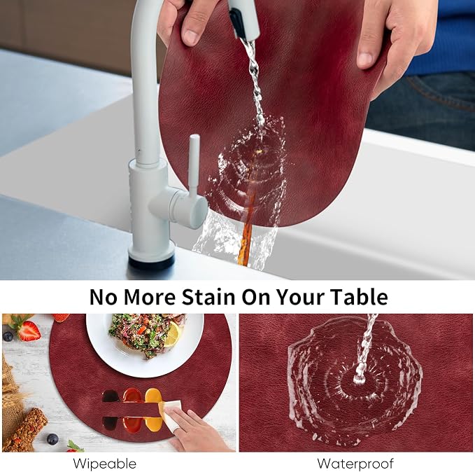 ADRIMER Placemats, Heat Resistant Round Placemats Set of 6 Washable, Waterproof Table Mats, Wipeable Faux Leather Place Mats for Kitchen, Dining Room, Wine Red - Image 5