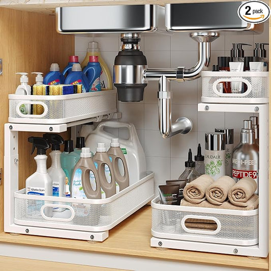 2 Pack Under Sink Organizer With Smooth Cylindrical Rail,2-Tier Pull Out Multi-Purpose Cabinet Storage for Bathroom&Kitchen,Height Adjustable,Rust-resistant Coating-White by UnderSinkOrganizer