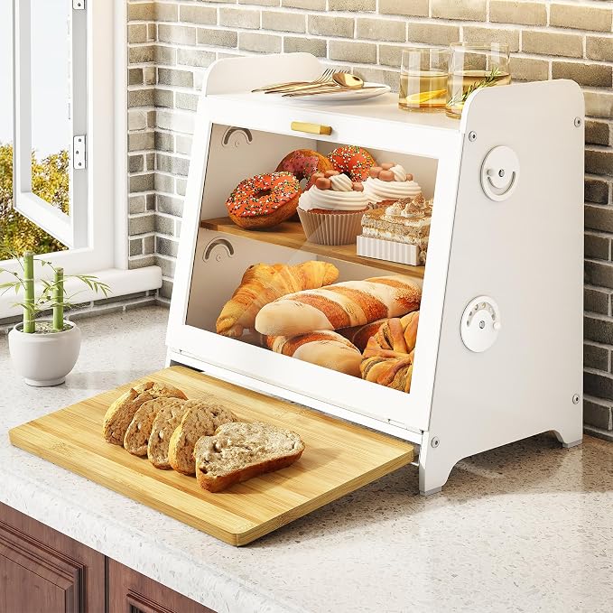 SNTD Airtight Bread Box for Kitchen Countertop, Bamboo Cutting Board, White | Adjustable Vent Hole, Sorted Storage, Natural Wood, Magnetic See-through Door, Metal Frame, Homemade Bread Storage Container by SNTD