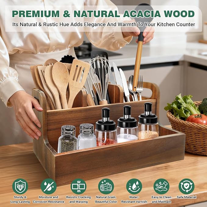 Kitchen Utensil Holder for Countertop with 4 Compartments Acacia Large Utensil Holder Wooden Storage for Cooking,Baking,Flatware Tool Kitchen Utensil Organizer - Image 3